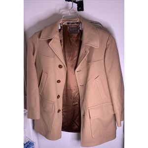 Vintage Mens PENDLETON Coat WOOL XL peacoat Brown Camel Winter‎ Tan Leather